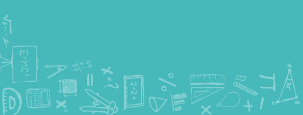 Teal background with various school icons.