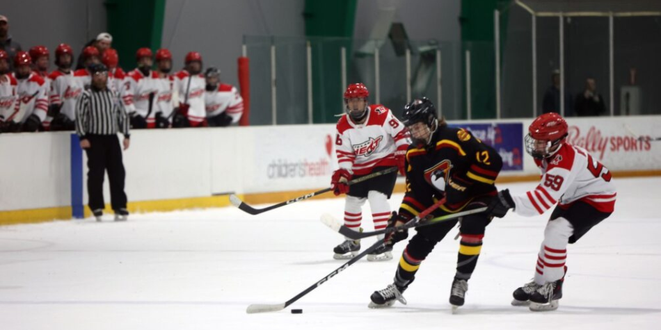 Students playing hockey in an indoor hockey rink.
