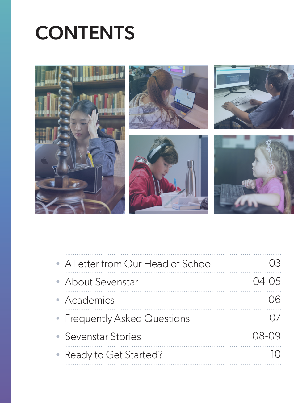 table of content page for Sevenstar Academy visitors guide.