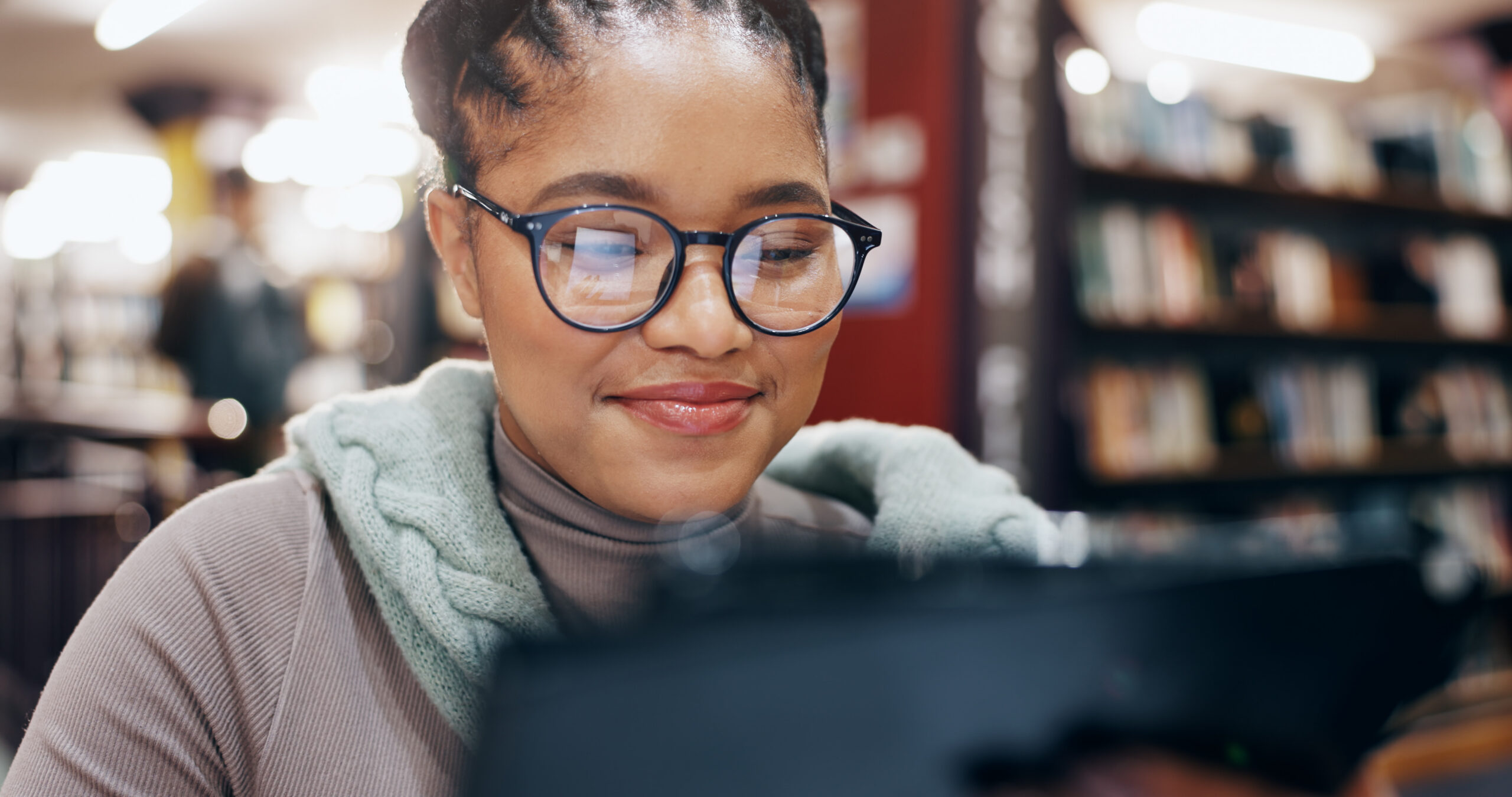 african-woman-smile-with-tablet-library-research-information-university-news-study-schedule-student-digital-reading-online-with-education-ebook-exam-results-project-report
