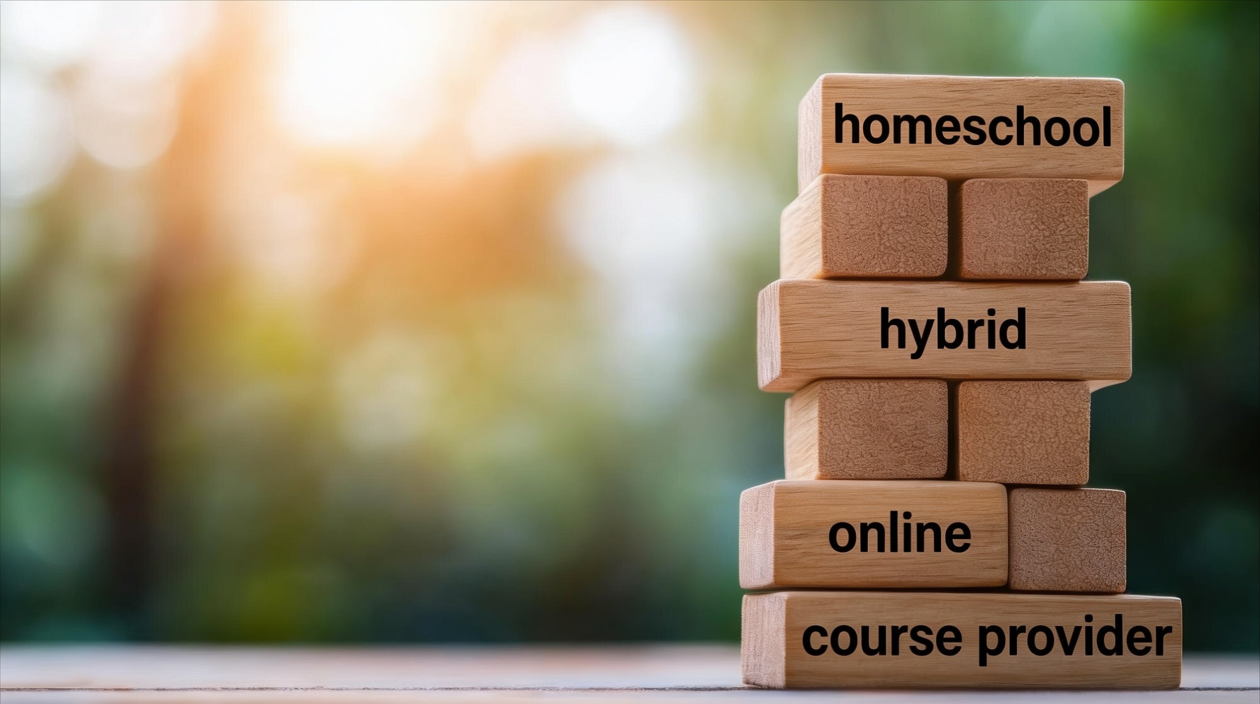 Stacked building blocks with the words homeschool, hybrid, online, and course provider written on some of them.